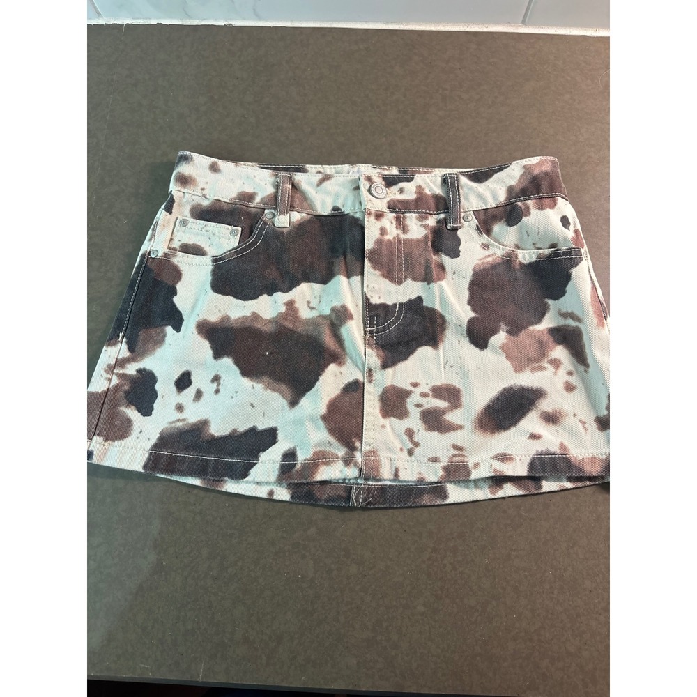West of Melrose Cow Print Denim Mini Skirt‎ Brown White Size 26 Cotton Western